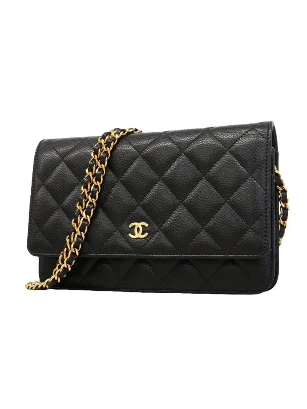Chanel Wallet on Chain Quilted Caviar Leather Black Gold Shoulder Bag